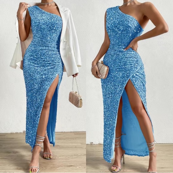 Luxe purple one shoulder slit thigh party formal evening sequins dress - Picture 12 of 16